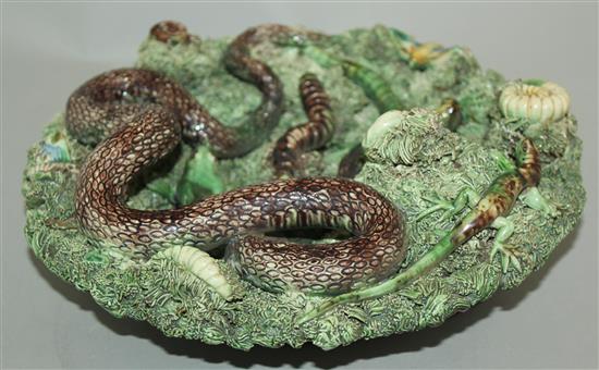 A Caldas Rainha Palissy style amphibian and reptile dish, late 19th century, 24cm, small losses